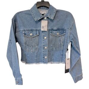 Forever 21 Light Blue Fringe Hem Denim Jacket with Rhinestones-Small